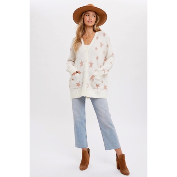 SOLD OUT Cream Star Pattern Knit Mohair Button Front Cardigan Sweater w/ Pockets - Picture 4 of 8